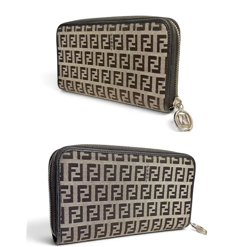 Fendi Zucchino Canvas Zip Around Wallet in Brown FF Print with Silver Hardware